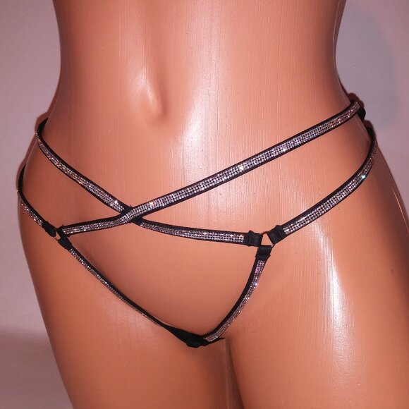 Victoria Secret Panty Thong Shine Strap Black Silver Bling Very Sexy Strappy New - Picture 8 of 10